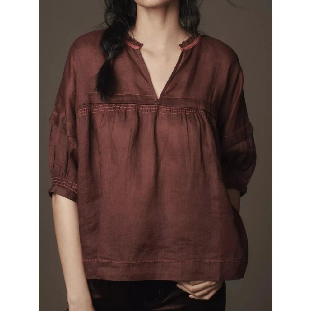 Anthropologie Maeve Balloon-Sleeve V-Neck Stitched Blouse Top Ruffle XL 290257